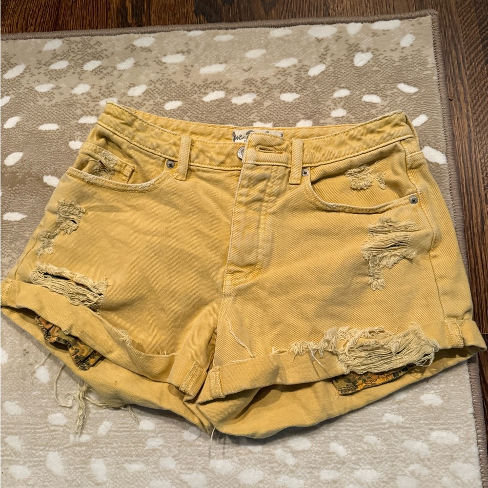 Free People Mustard Distressed Jean Shorts